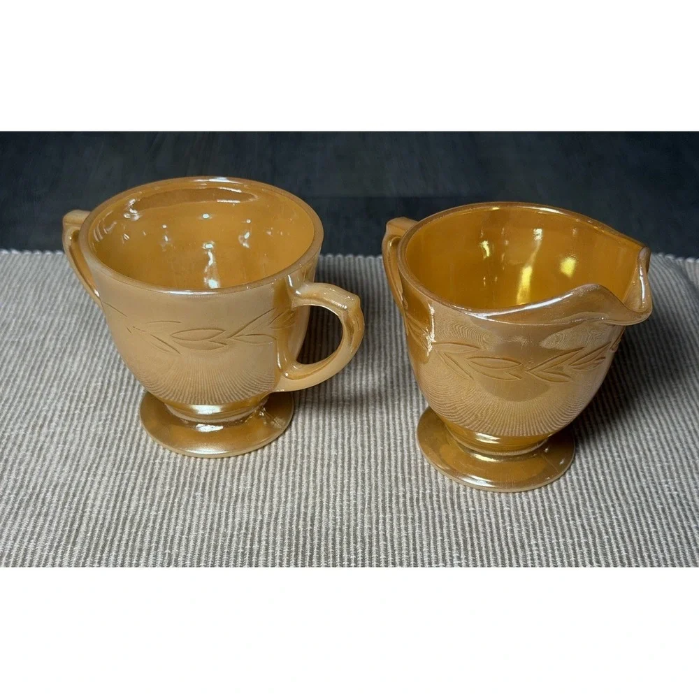 Fire King Oven Ware Peach Luster / Laurel Leaf Cream and Sugar Bowl Set Vintage
